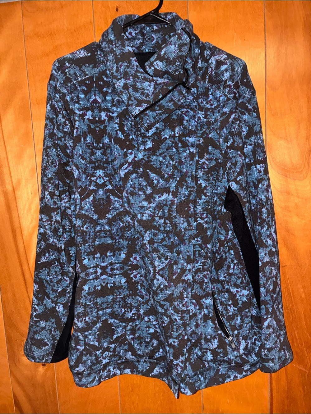 NJD Women's Blue Patterned Knit Jacket with Asymmetric Collar XL